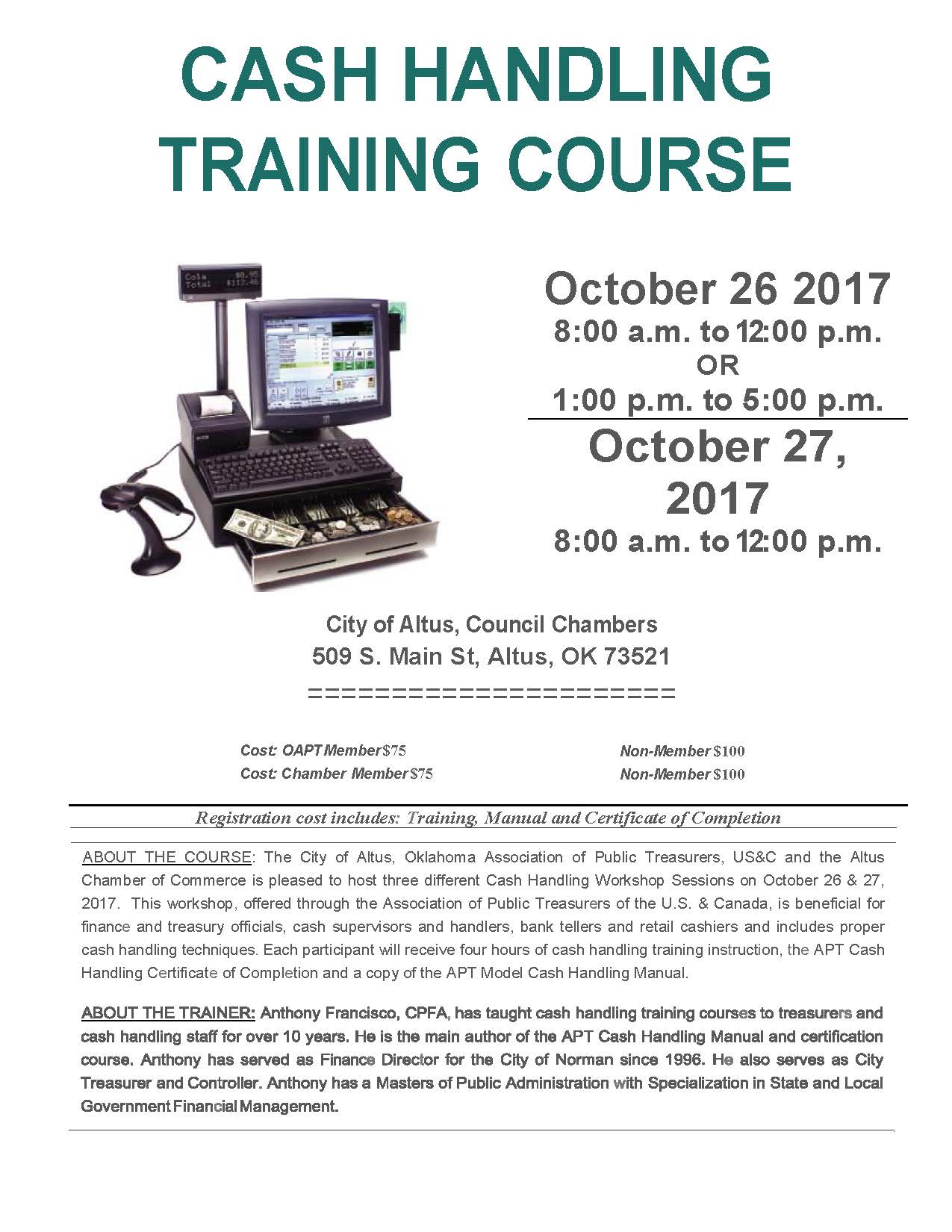 Cash Handling Training Course in October OMCTFOA